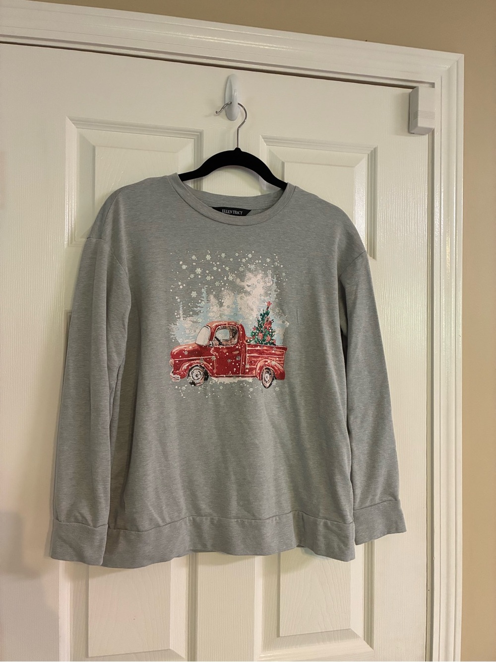 Ellen Tracy Gray Crewneck Sweater with Red Truck Graphic